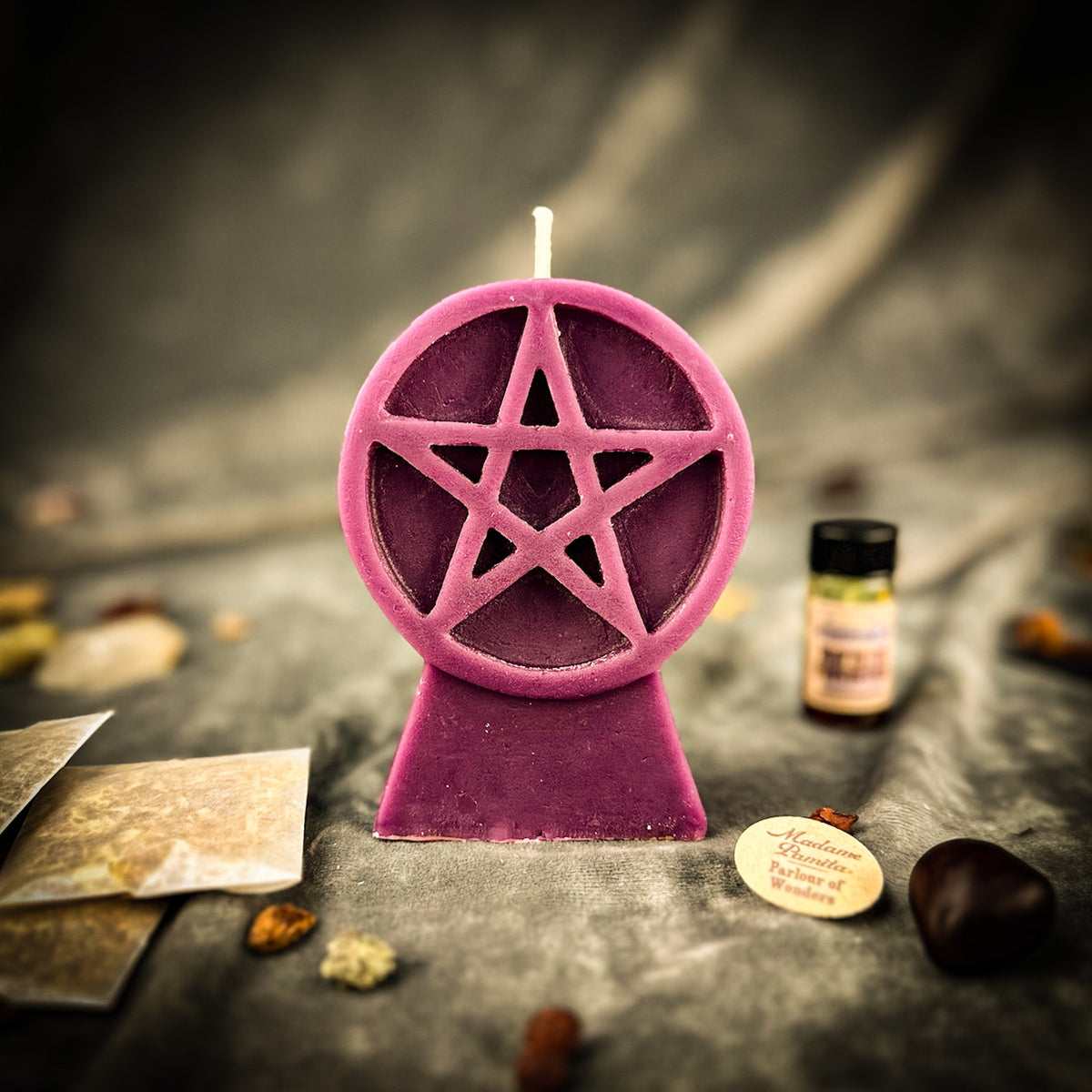 Pentacle of Protection beeswax candle in pink with the kit oil bottle