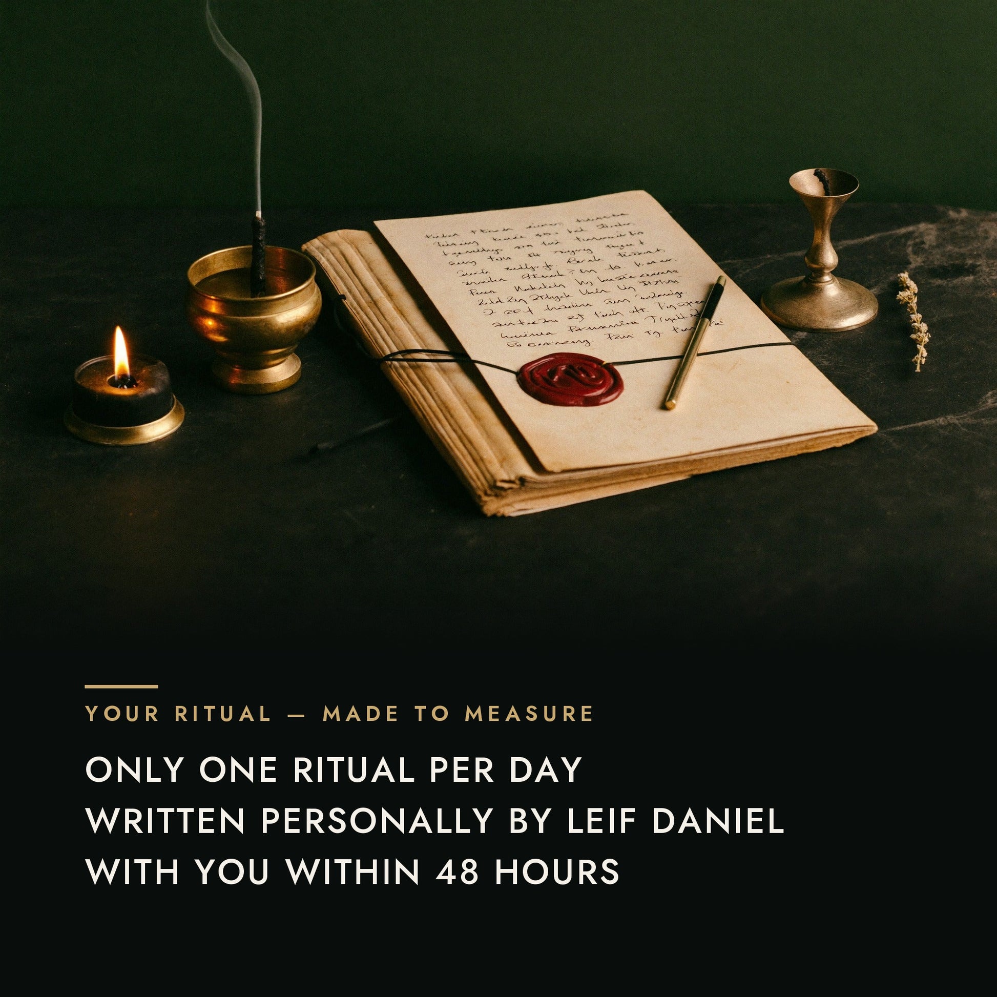 Handwritten ritual with wax seal, candle and incense — made to measure: one ritual per day, written personally, with you within 48 hours.