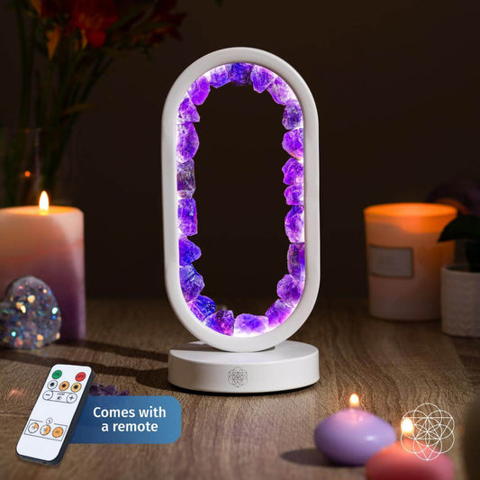 Open-center amethyst lamp glowing violet, shaped like a portal