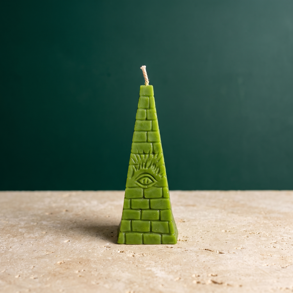 Green beeswax pyramid candle on a stone surface against a deep green wall, brickwork molded up the faces and an all-seeing eye near the base.