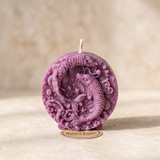 Mauve Pisces candle on a sand-colored surface: a round beeswax medallion on small feet, two fish circling head to tail among stars, bubbles and waves, the Madame Pamita label at its foot.