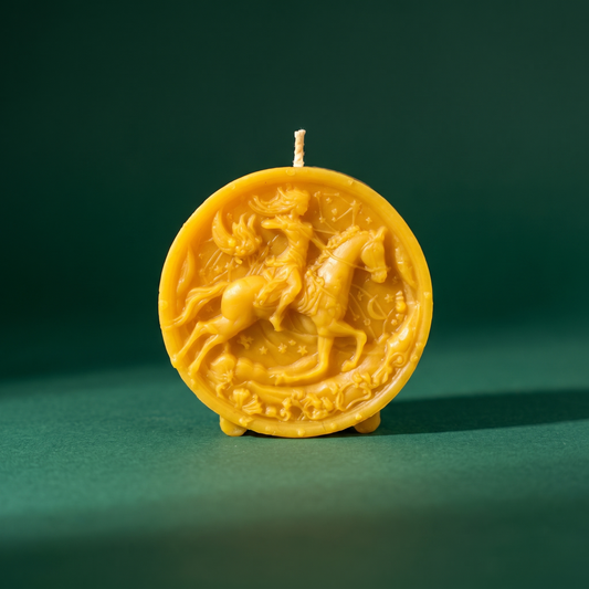 Beeswax Sagittarius Archer zodiac spell candle in yellow, front view on a green backdrop