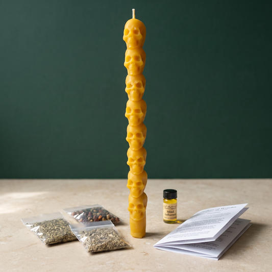Eight day skull taper spell kit laid out: a tall golden beeswax candle molded as stacked skulls, with three pouches of dried herbs, a vial of dressing oil and the folded instruction sheet