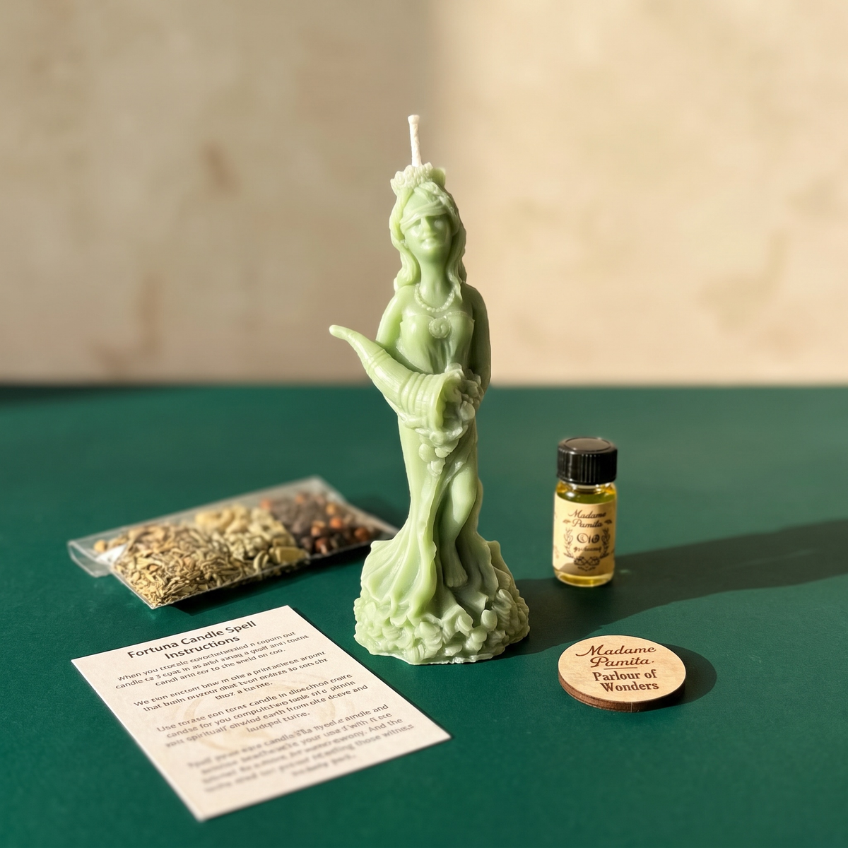 Fortuna Goddess of Luck candle spell kit with a green beeswax goddess candle, herbs, oil and instruction card