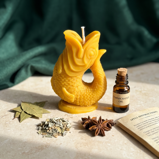 Golden fish-shaped spell candle on pale stone with bay leaves, dried herbs, star anise, a corked vial of consecrated oil and an open booklet of spell instructions