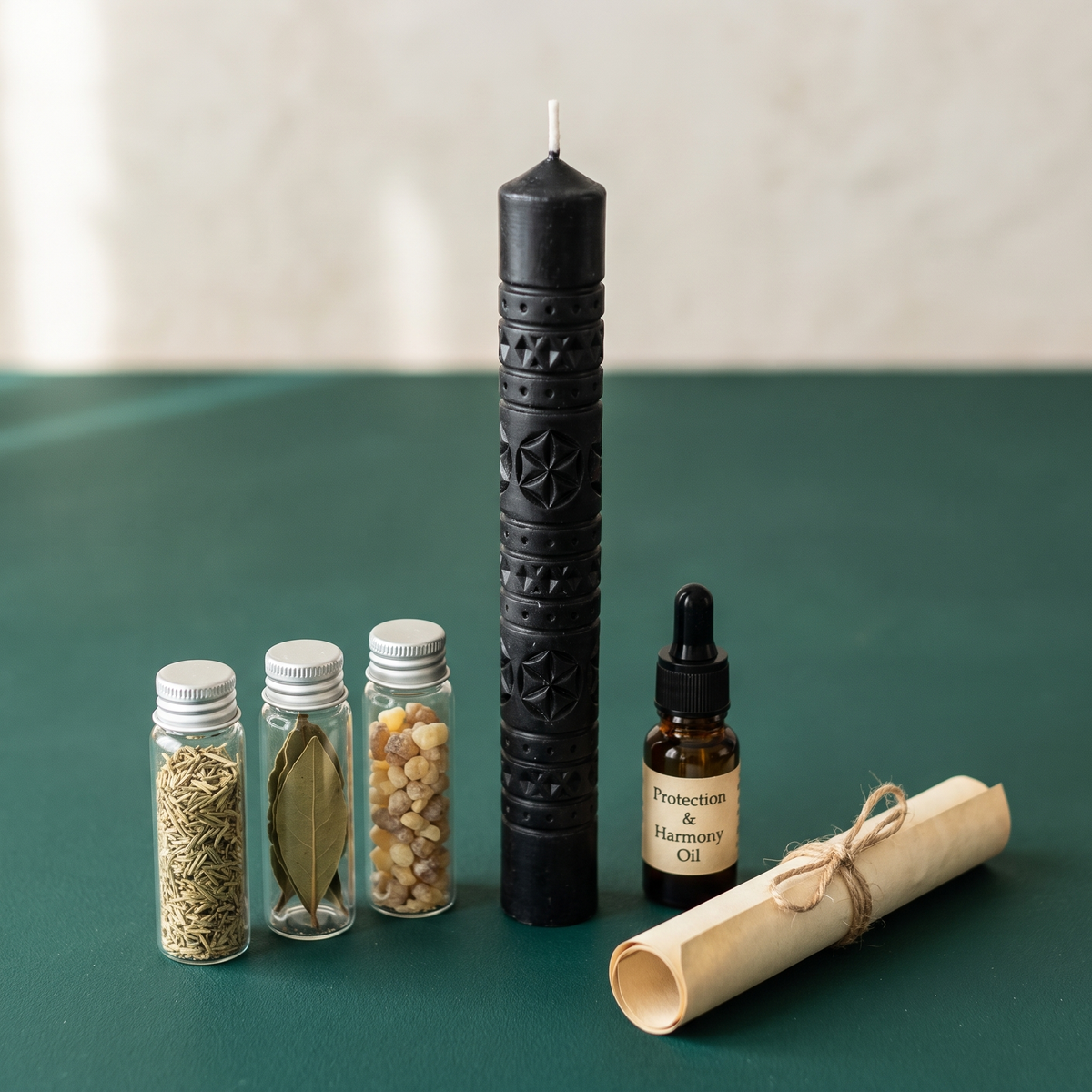 Rozetka six petal rosette candle spell kit with a black carved beeswax pillar candle, herb vials, oil and a rolled instruction scroll