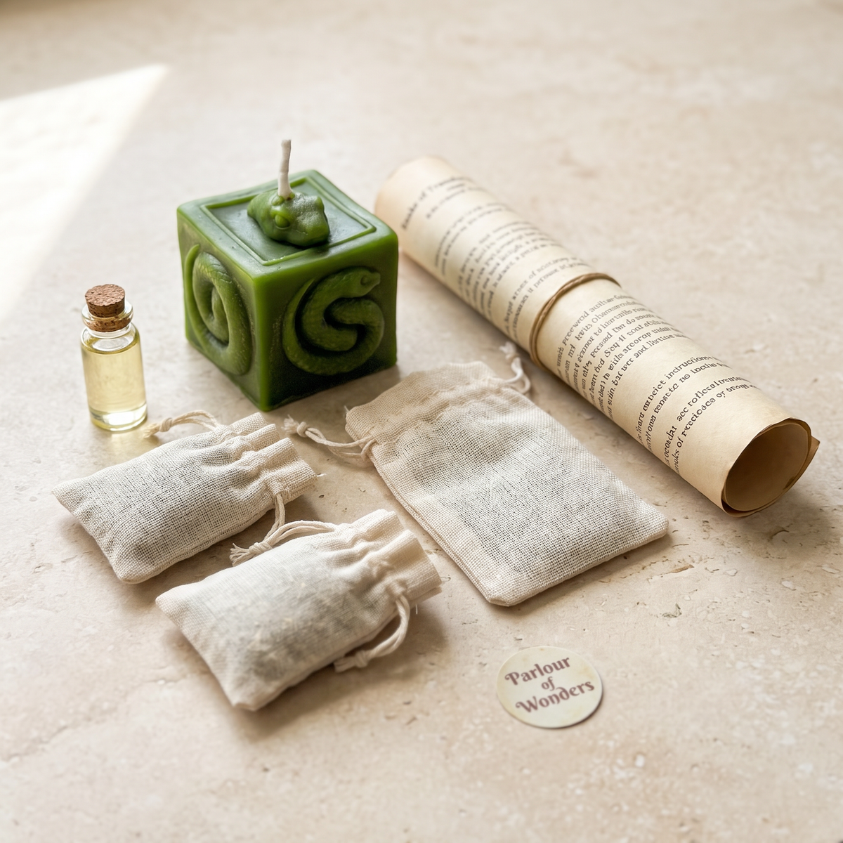 Snake of Transformation candle spell kit with a green beeswax serpent cube candle, oil, herb pouches and instructions