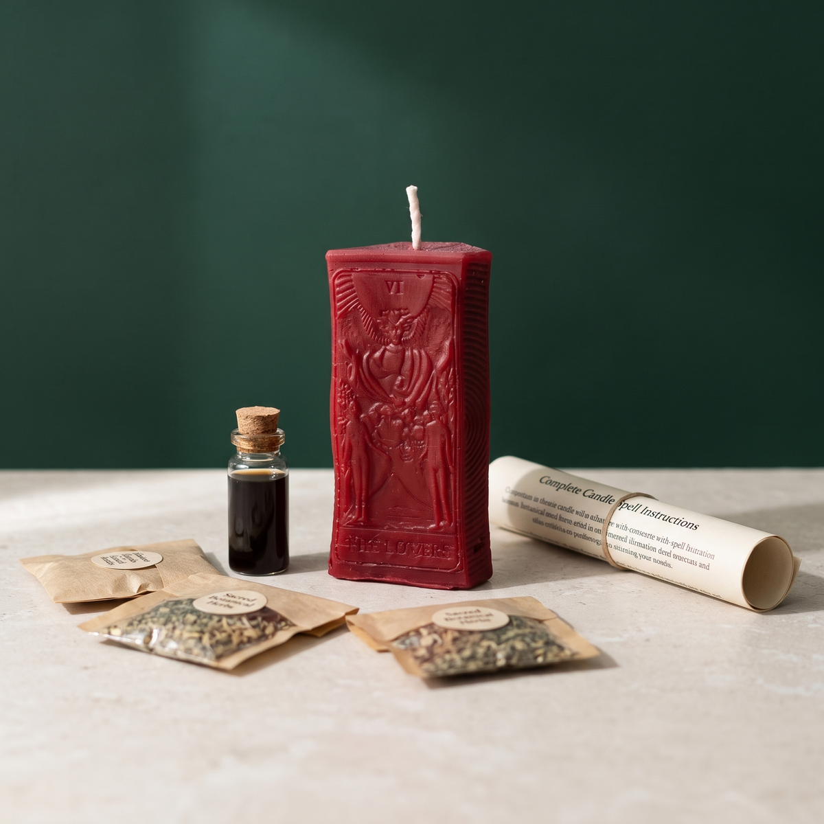 The Lovers candle spell kit laid out: a deep red beeswax tarot-card candle with a corked bottle of dressing oil, sealed herb packets and a rolled instruction sheet