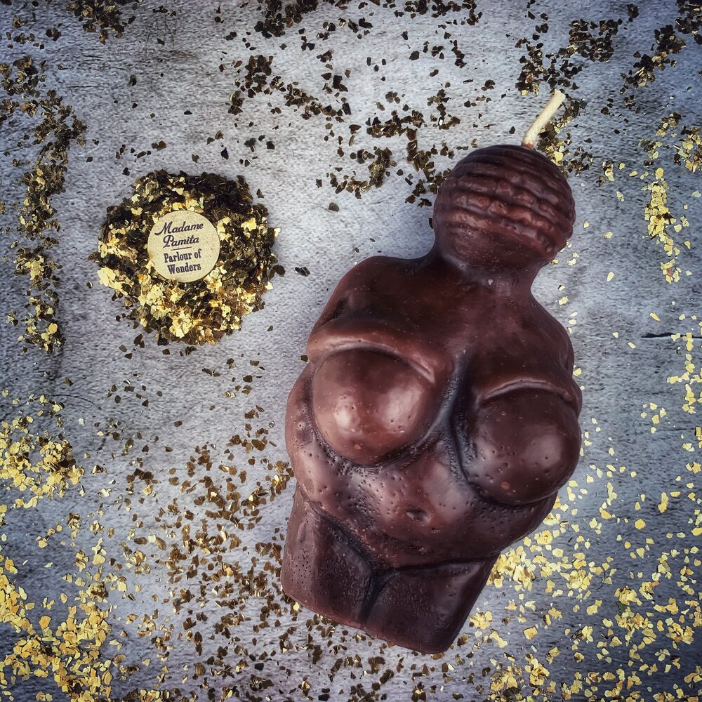 Goddess of Willendorf Candle Spell Kit with the Brown beeswax goddess candle
