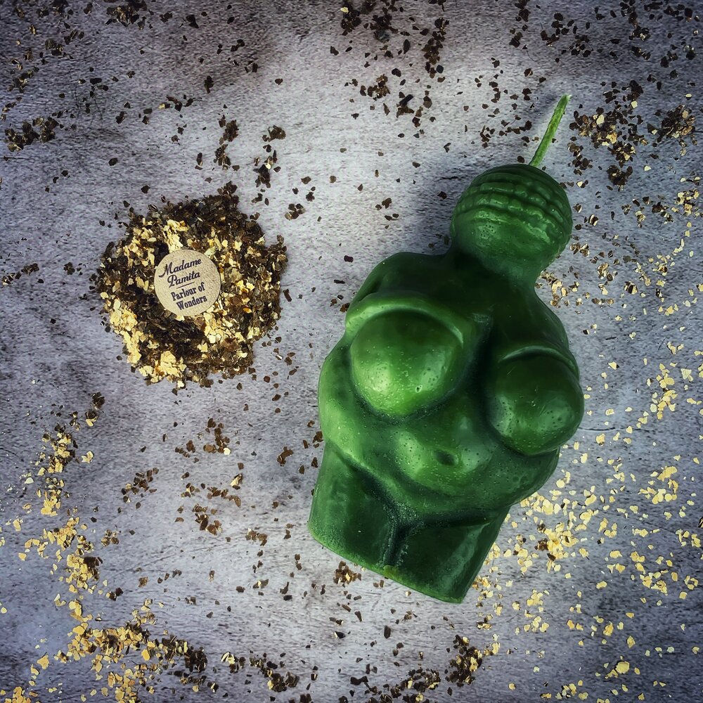 Goddess of Willendorf Candle Spell Kit with the Green beeswax goddess candle