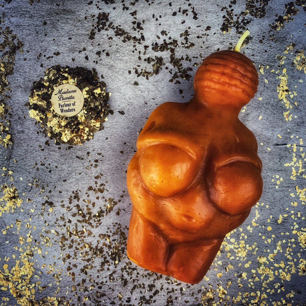 Goddess of Willendorf Candle Spell Kit with the Orange beeswax goddess candle