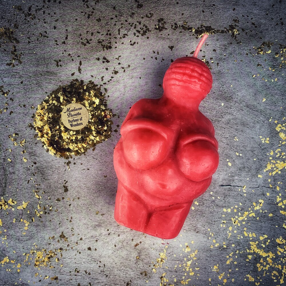 Goddess of Willendorf Candle Spell Kit with the Pink beeswax goddess candle