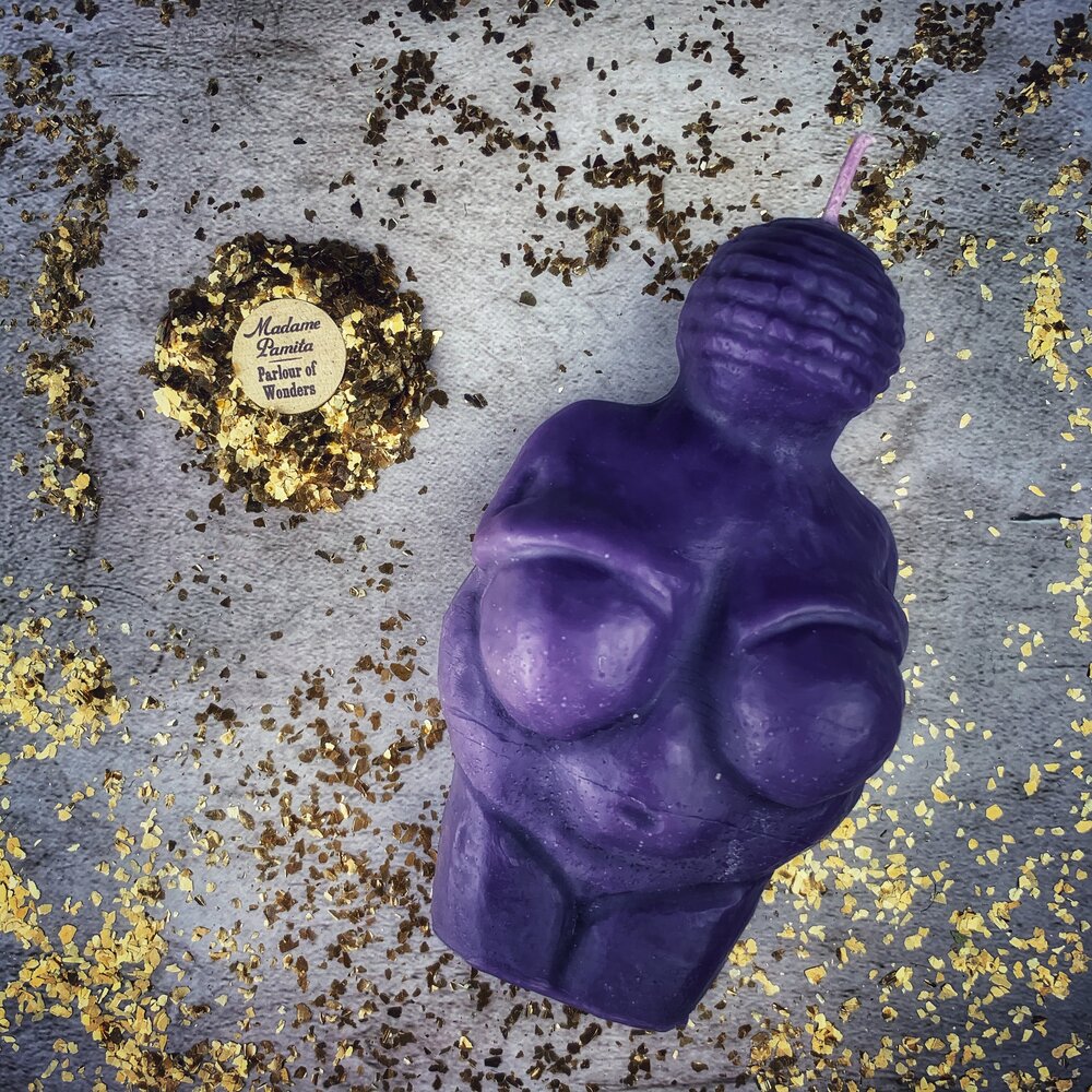 Goddess of Willendorf Candle Spell Kit with the Purple beeswax goddess candle