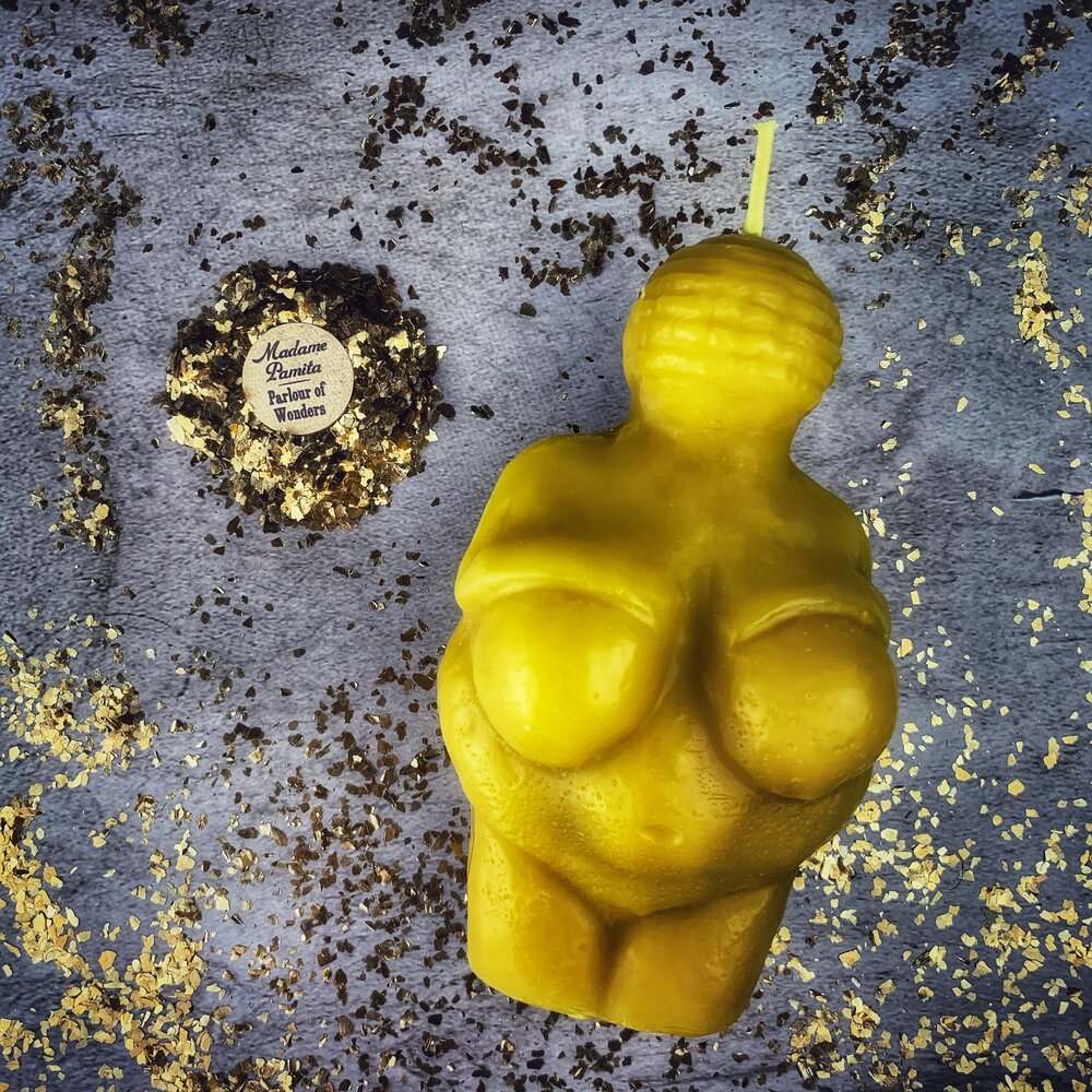 Goddess of Willendorf Candle Spell Kit with the Yellow beeswax goddess candle