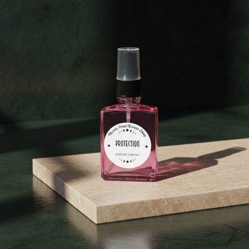 A spray bottle of Protection Spray, an aura and space cleansing ritual mist.