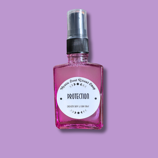 A spray bottle of Protection Spray, an aura and space cleansing ritual mist.