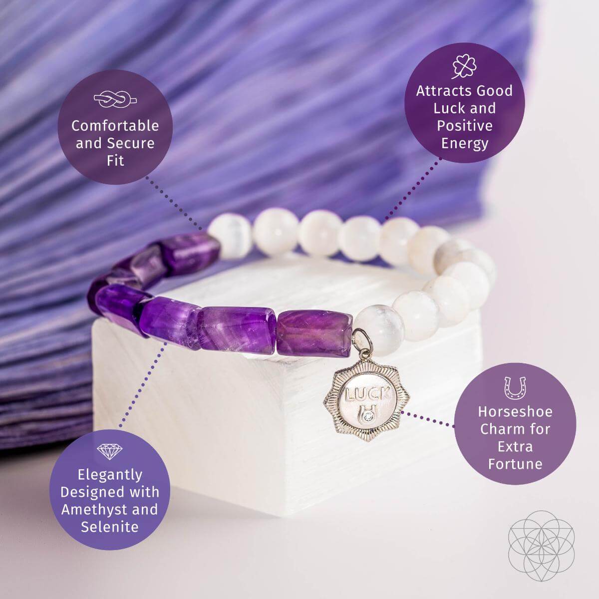 Bracelet with violet Uruguayan amethyst and white selenite beads and a silver-plated horseshoe luck charm — detail view 5
