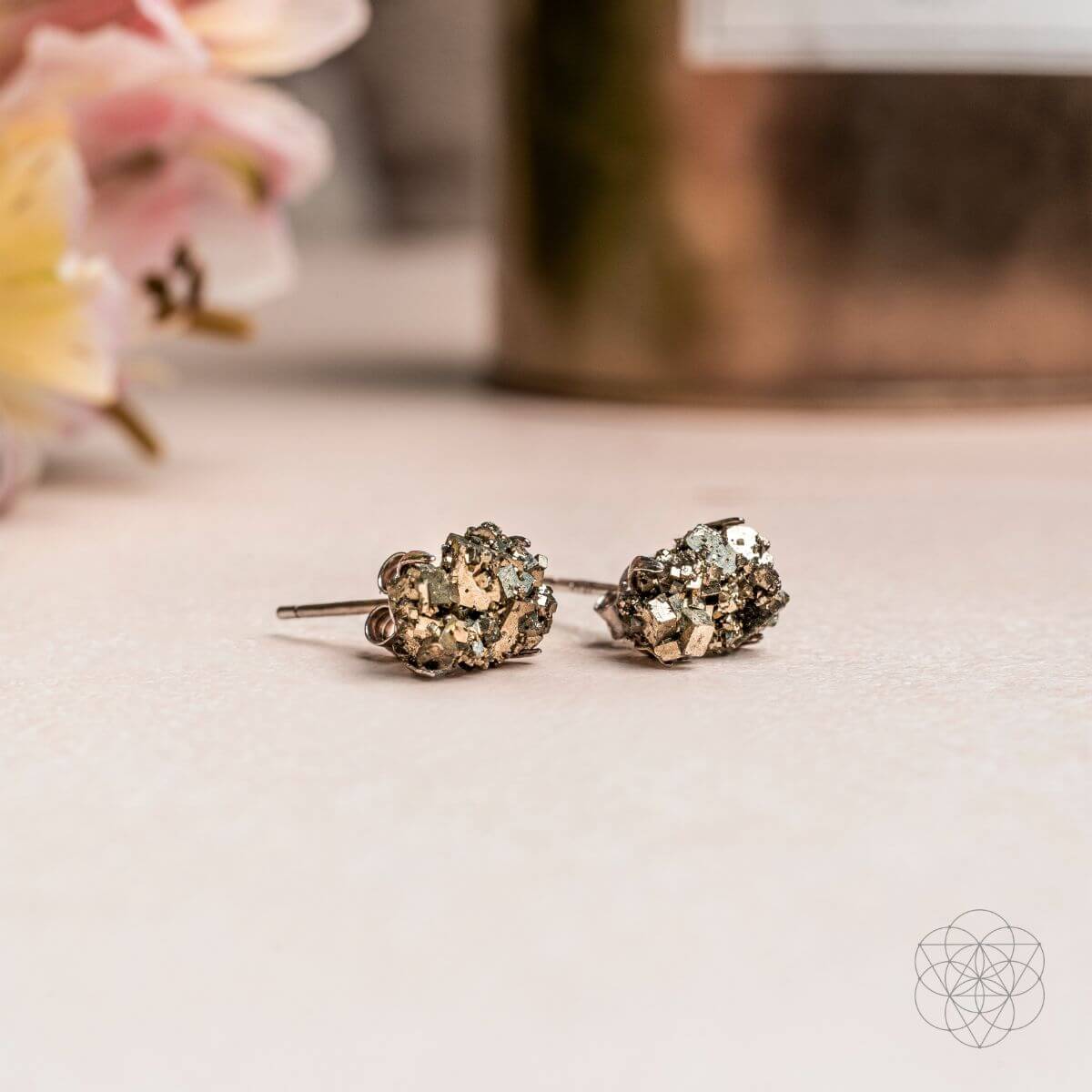Pyrite stud earrings made from raw golden pyrite nuggets — view 5 of 7