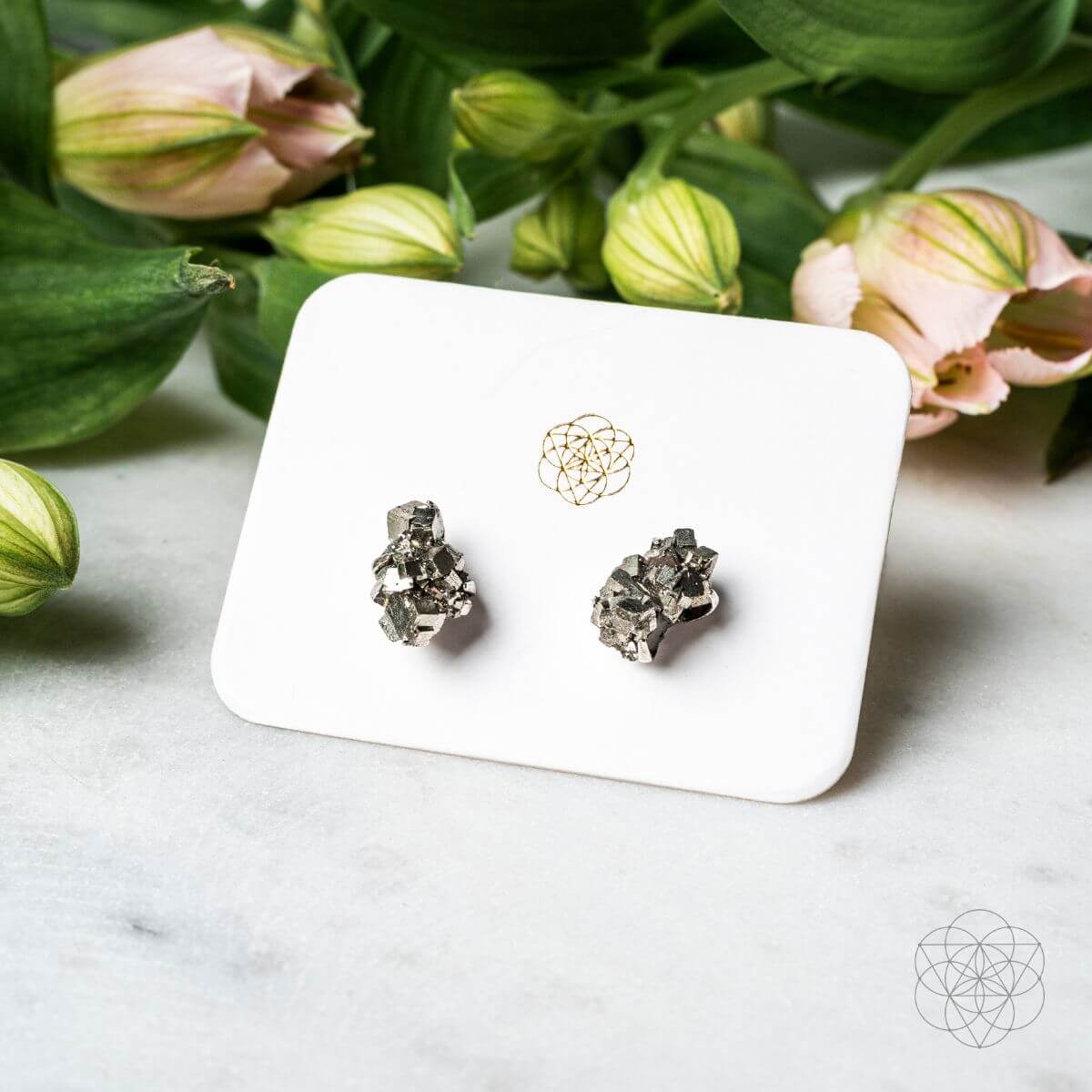 Pyrite stud earrings made from raw golden pyrite nuggets — view 1 of 7