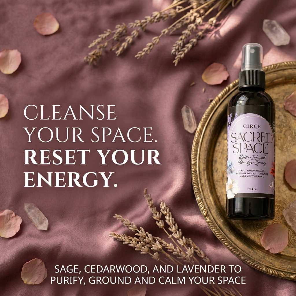 Sacred Space smudge spray in a 4 ounce bottle, detail of the finish