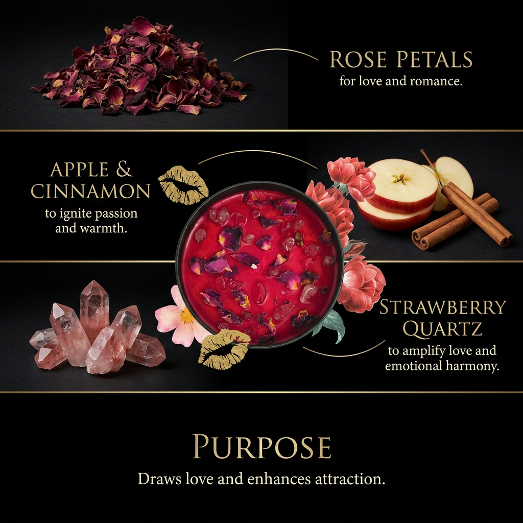 Love and Attraction ritual candle in an 8 oz jar with rose petals and strawberry quartz (view 3)