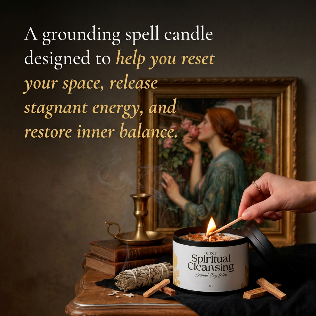 Spiritual Cleansing ritual candle in an 8 oz jar with crushed sage and tiger's eye (view 2)
