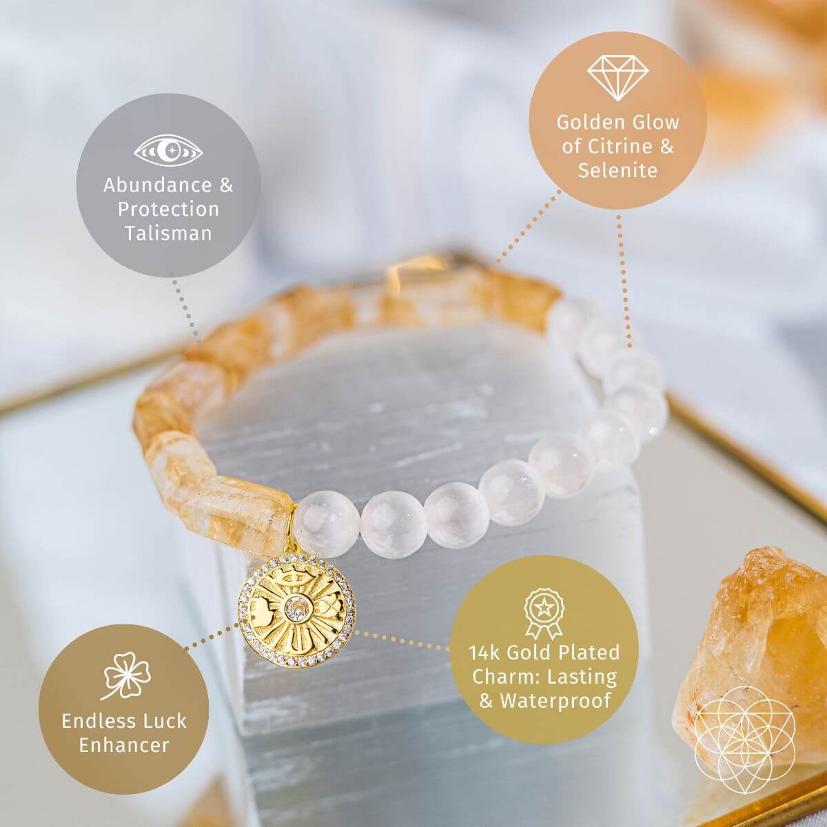 Citrine and selenite beaded bracelet with a gold-plated charm bearing the Eye of Horus, four-leaf clover, hamsa hand and horseshoe — view 4 of 8