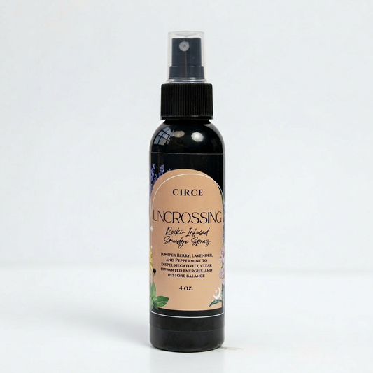 Uncrossing smudge spray in a 4 ounce bottle, a smokeless clearing mist, front view