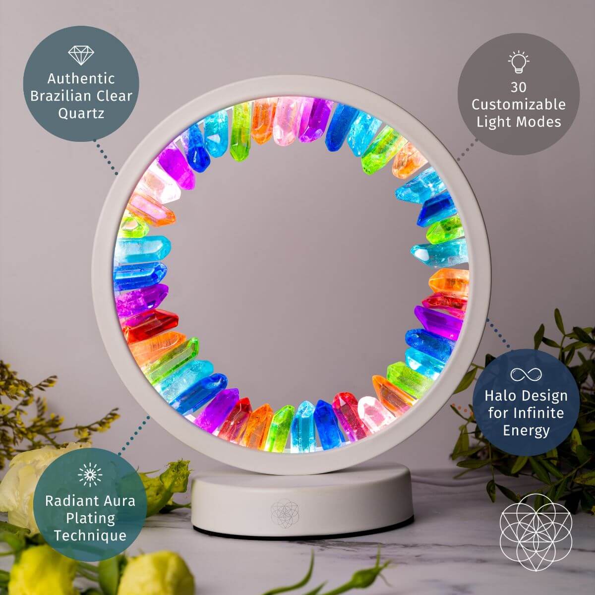 Halo-shaped lamp of rainbow aura-plated clear quartz points glowing in vivid colors — detail view 4
