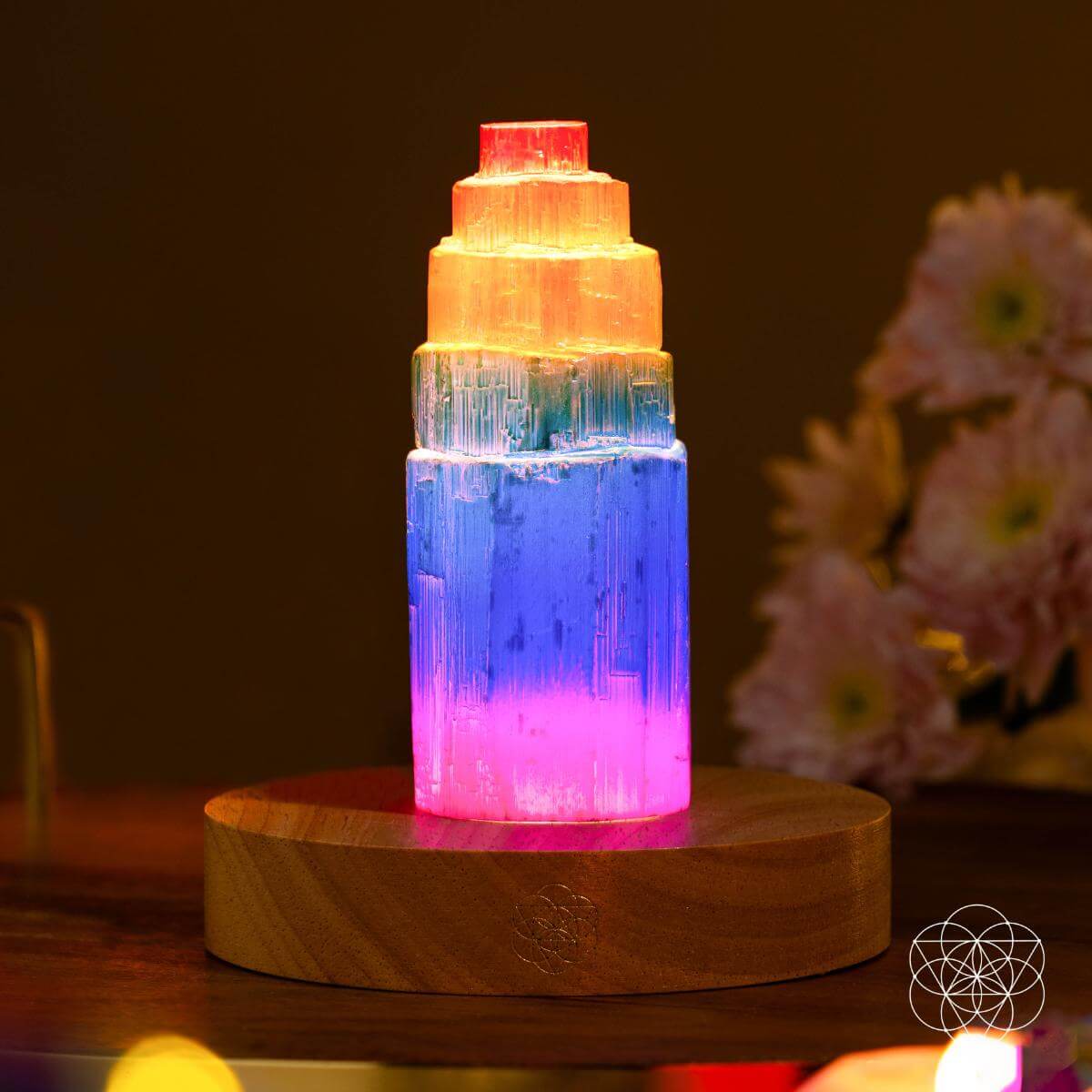 Rainbow aura plated Moroccan selenite tower lamp glowing in multiple colors — view 1 of 8