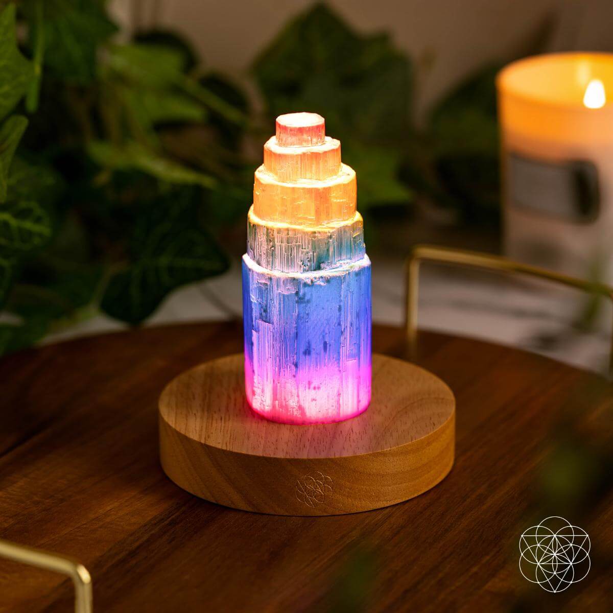 Rainbow aura plated Moroccan selenite tower lamp glowing in multiple colors — view 2 of 8