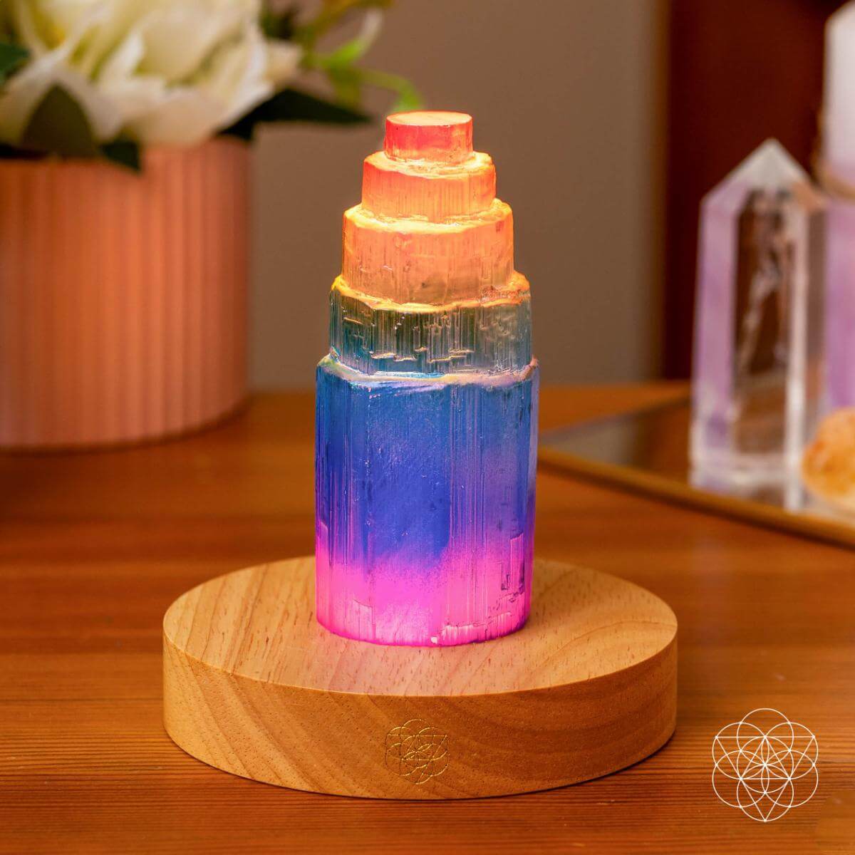 Rainbow aura plated Moroccan selenite tower lamp glowing in multiple colors — view 6 of 8