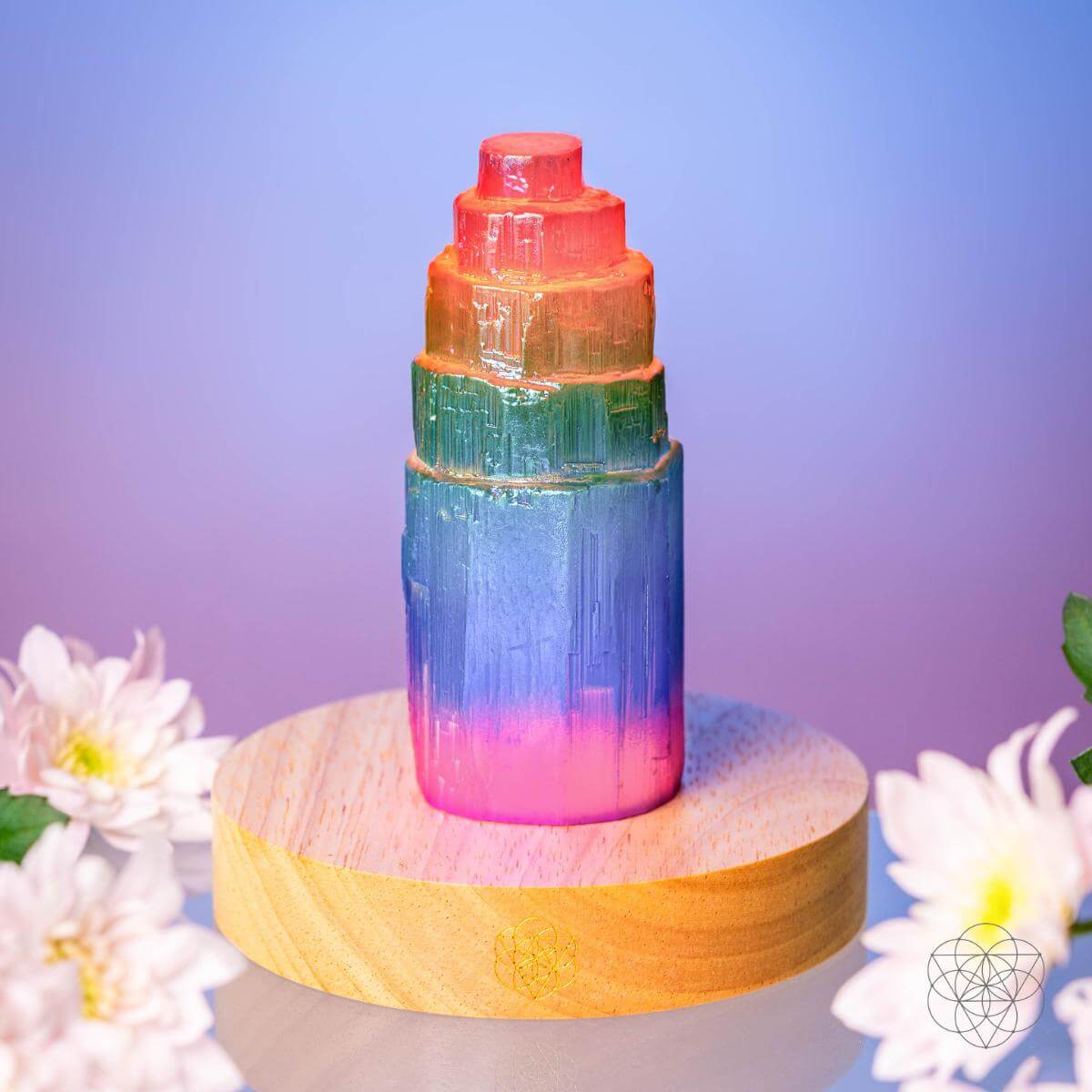 Rainbow aura plated Moroccan selenite tower lamp glowing in multiple colors — view 7 of 8