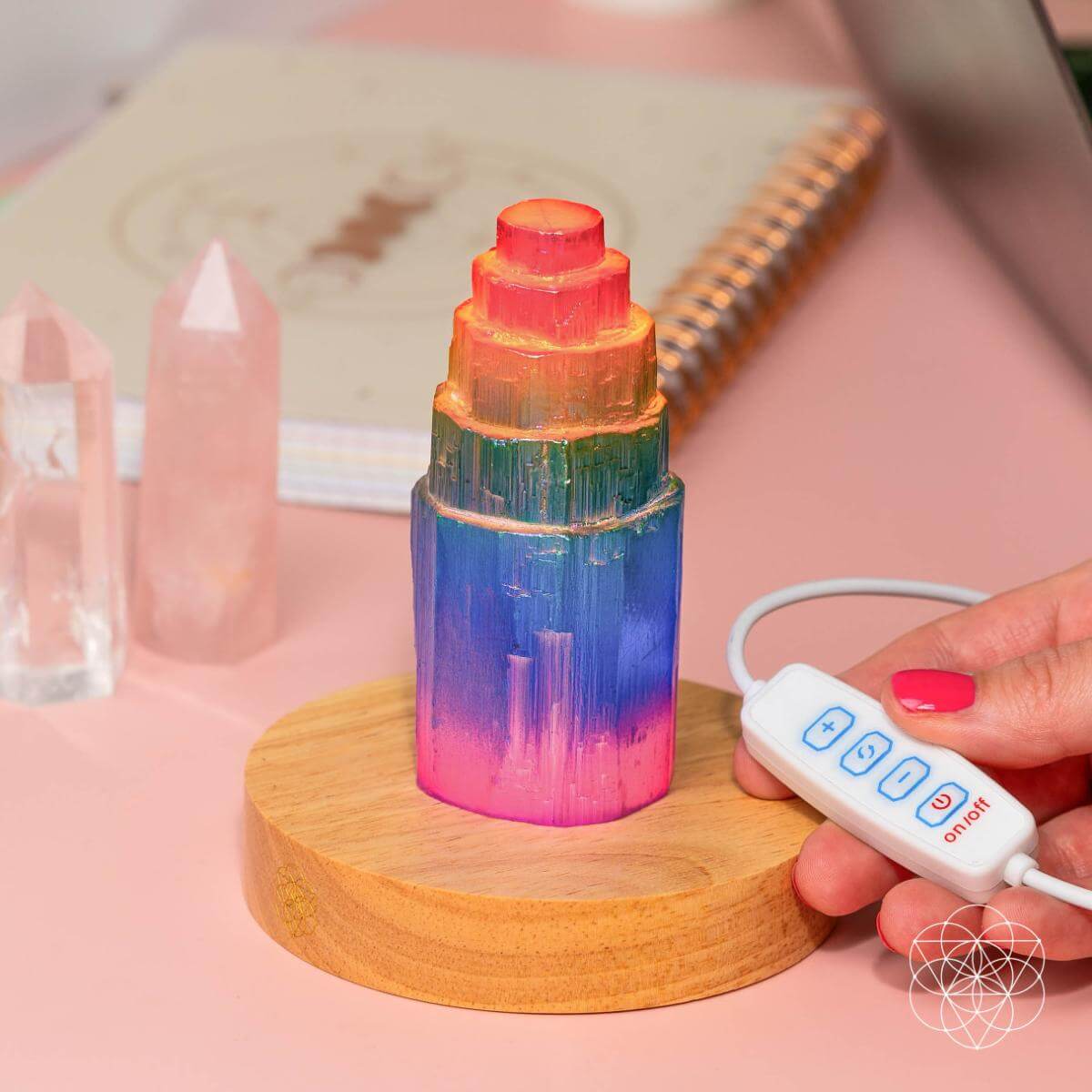 Rainbow aura plated Moroccan selenite tower lamp glowing in multiple colors — view 4 of 8
