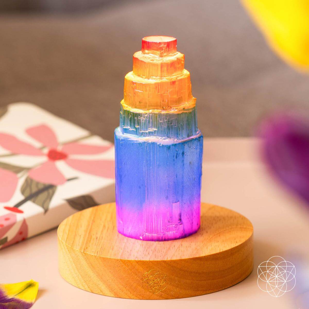 Rainbow aura plated Moroccan selenite tower lamp glowing in multiple colors — view 5 of 8