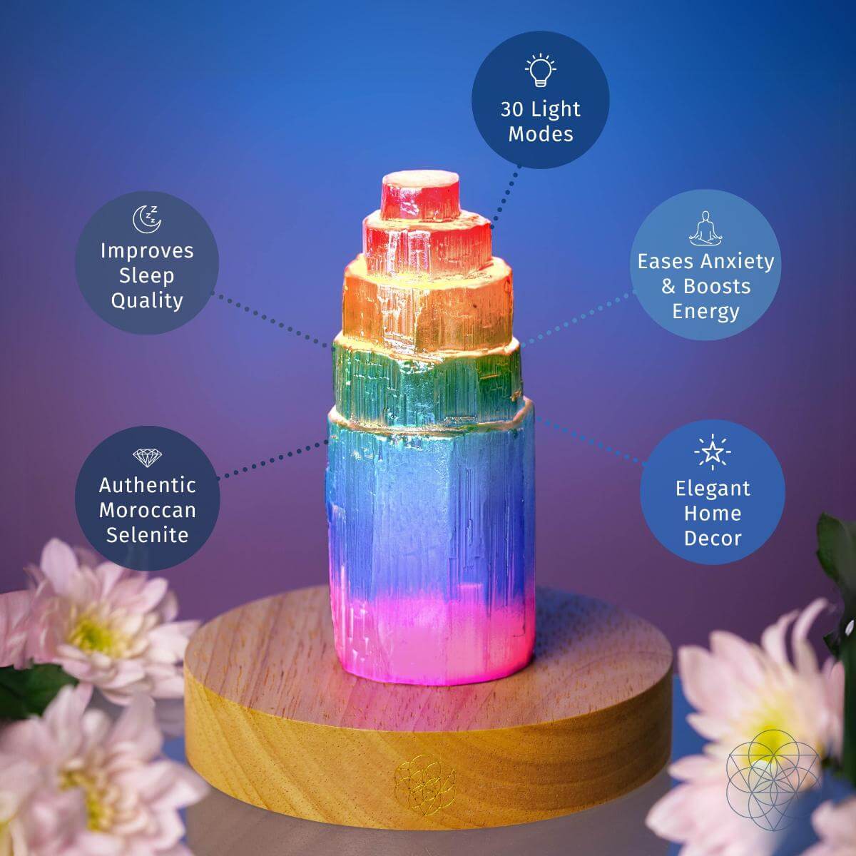 Rainbow aura plated Moroccan selenite tower lamp glowing in multiple colors — view 3 of 8