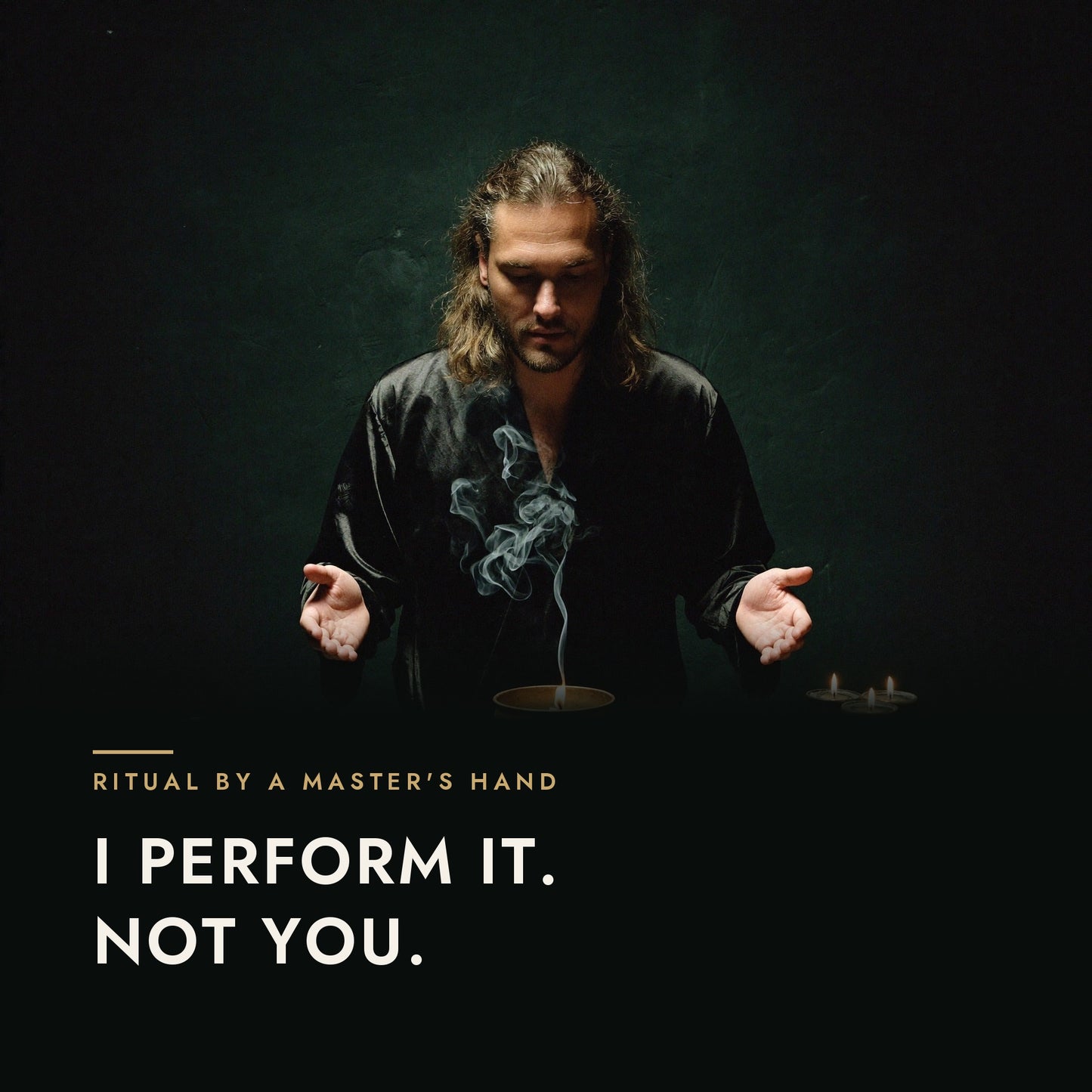 Leif Daniel performs a ritual over a burning brass bowl at a dark altar — Ritual by a Master's Hand: I perform it, not you.