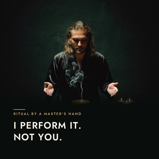 Leif Daniel performs a ritual over a burning brass bowl at a dark altar — Ritual by a Master's Hand: I perform it, not you.
