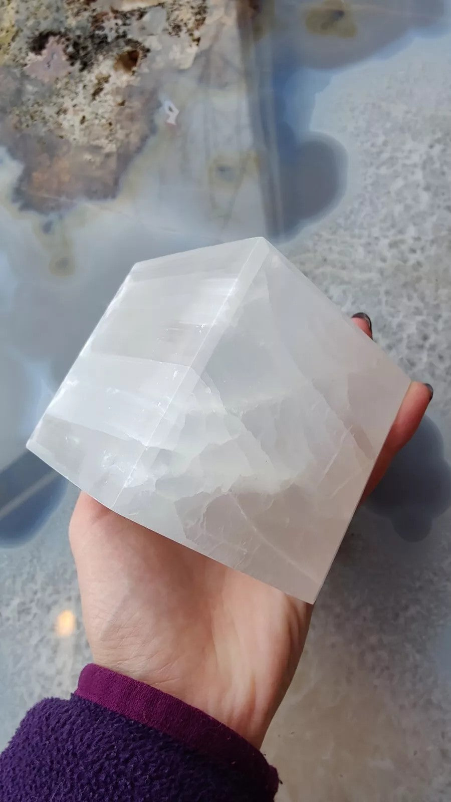 Standing cube of translucent white Moroccan selenite with fibrous vertical grain, 10 centimetres — view 2