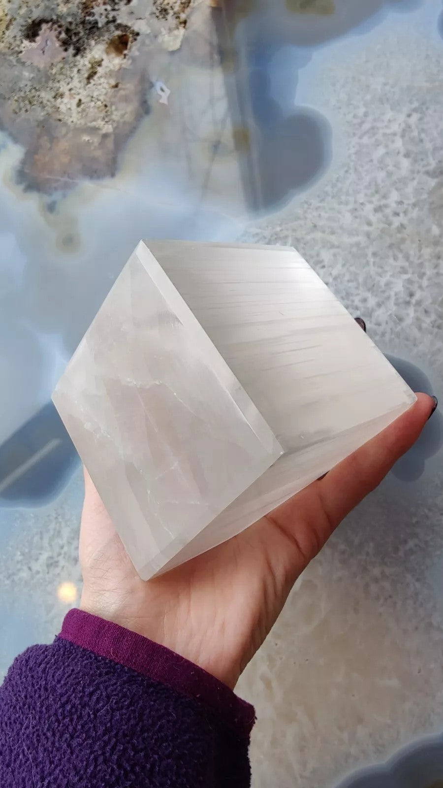 Standing cube of translucent white Moroccan selenite with fibrous vertical grain, 10 centimetres — view 3