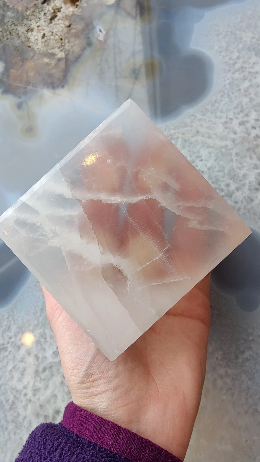 Standing cube of translucent white Moroccan selenite with fibrous vertical grain, 10 centimetres — view 4