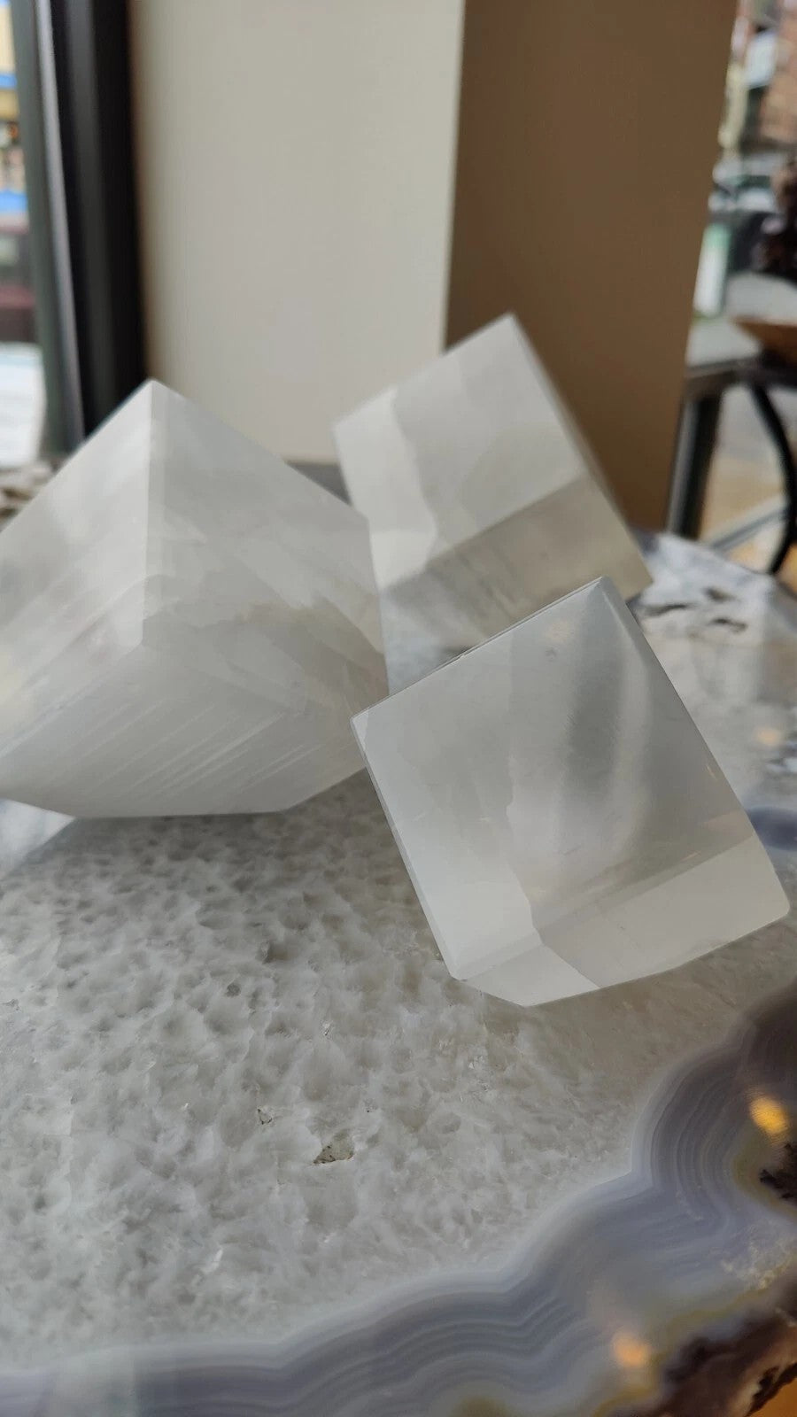 Standing cube of translucent white Moroccan selenite with fibrous vertical grain, 10 centimetres — view 5