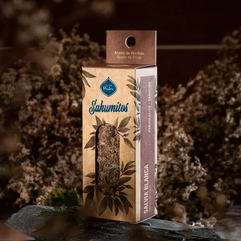 Smudge stick in its kraft box with the window showing the bundle