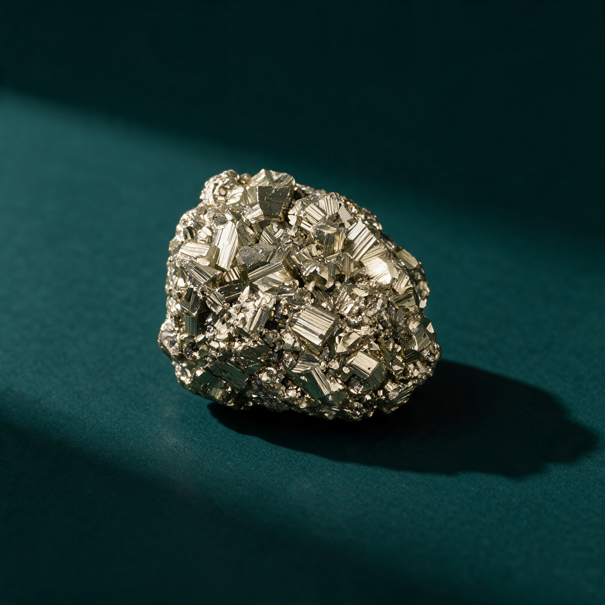 A single rounded Cocada Pyrite cluster on a deep teal background, its surface packed with small brass-gold crystal faces.