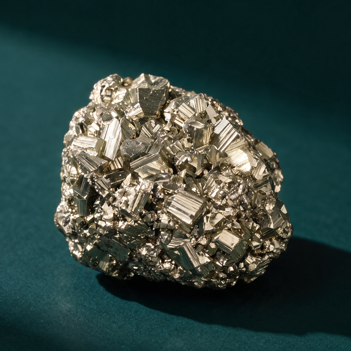 The cluster turned to another side against teal, showing larger blocky crystal faces along the top edge.