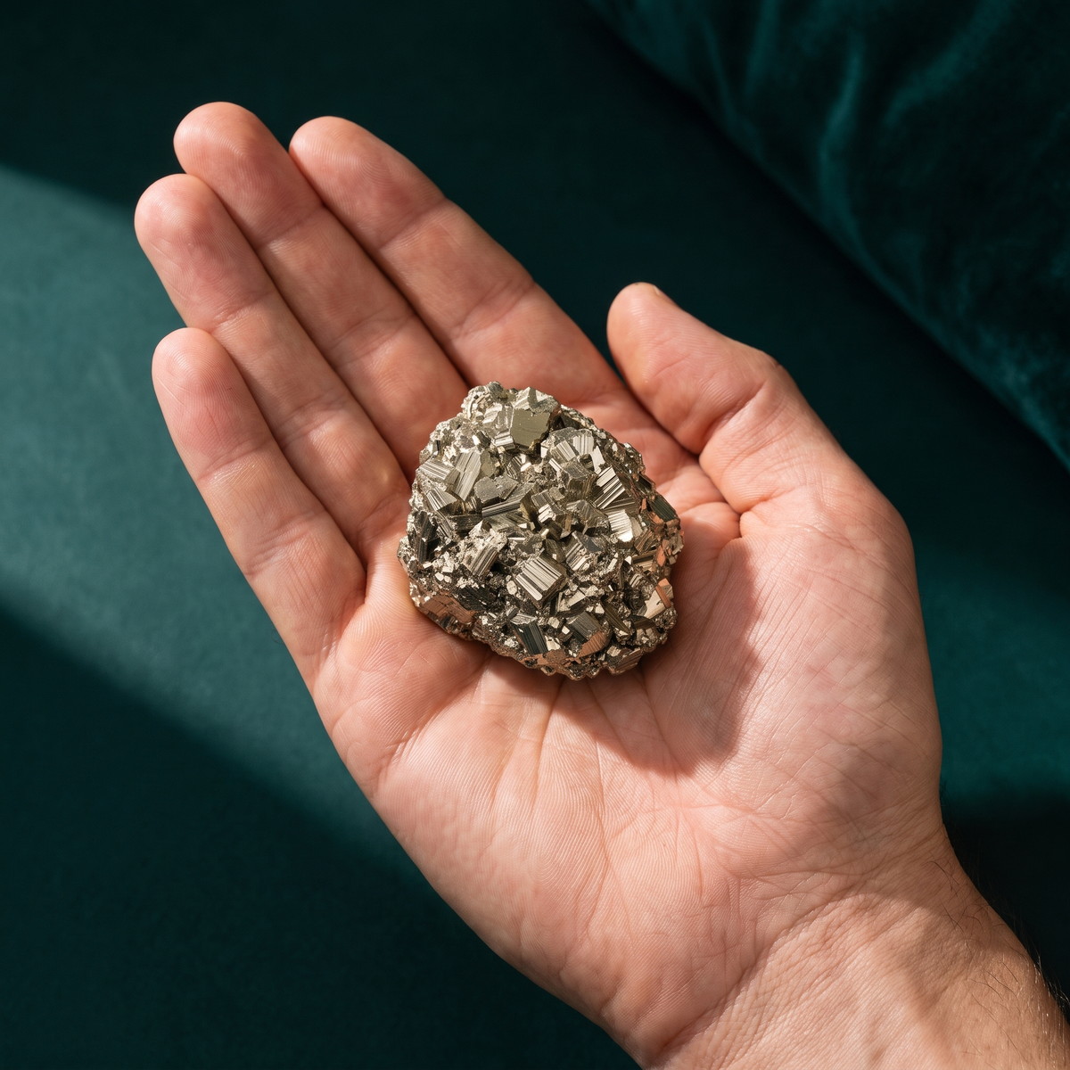 The same cluster held in an open palm, which gives its size: it sits in the hollow of the hand.