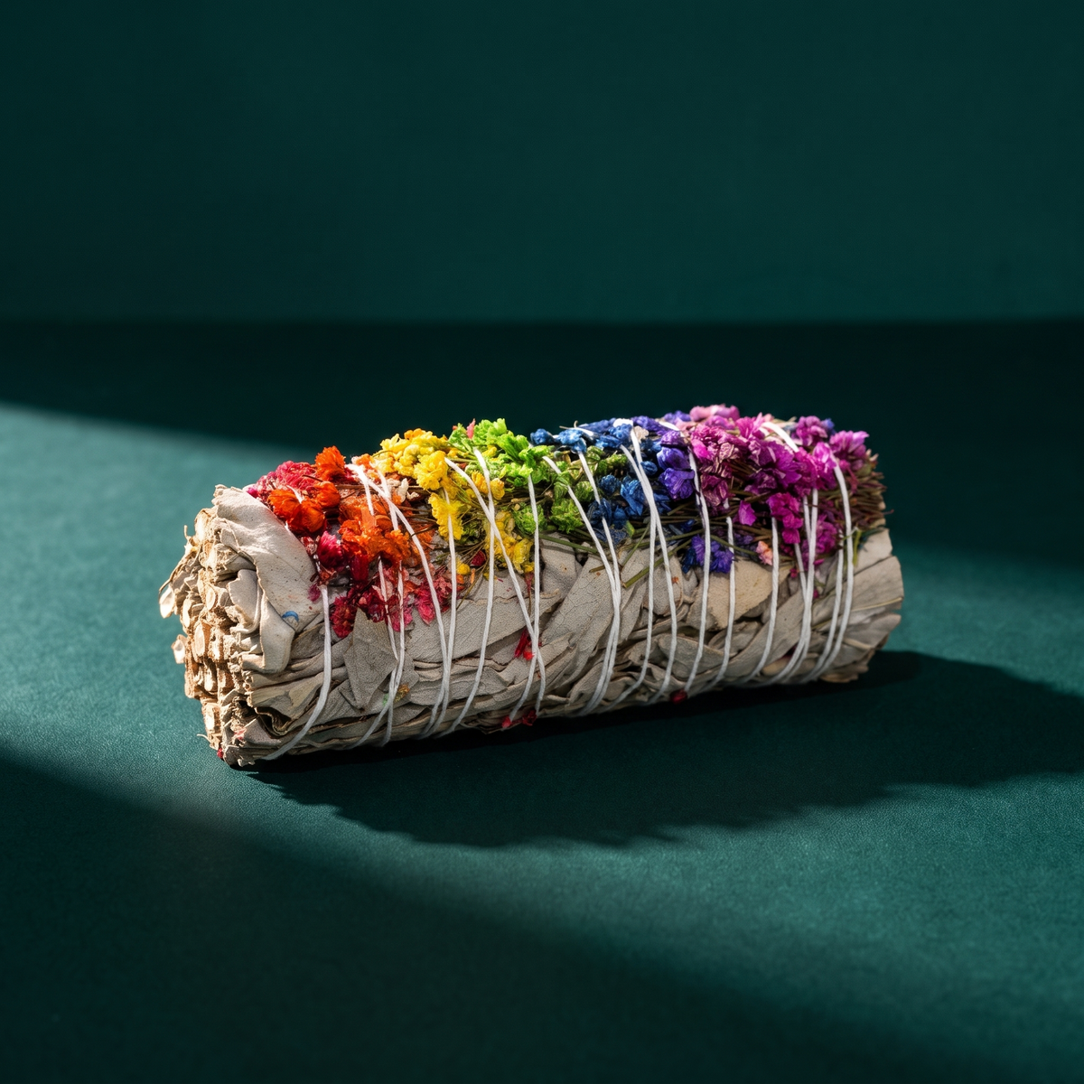The bundle seen straight from the side against dark green, showing the full rainbow sequence of dried blossoms.