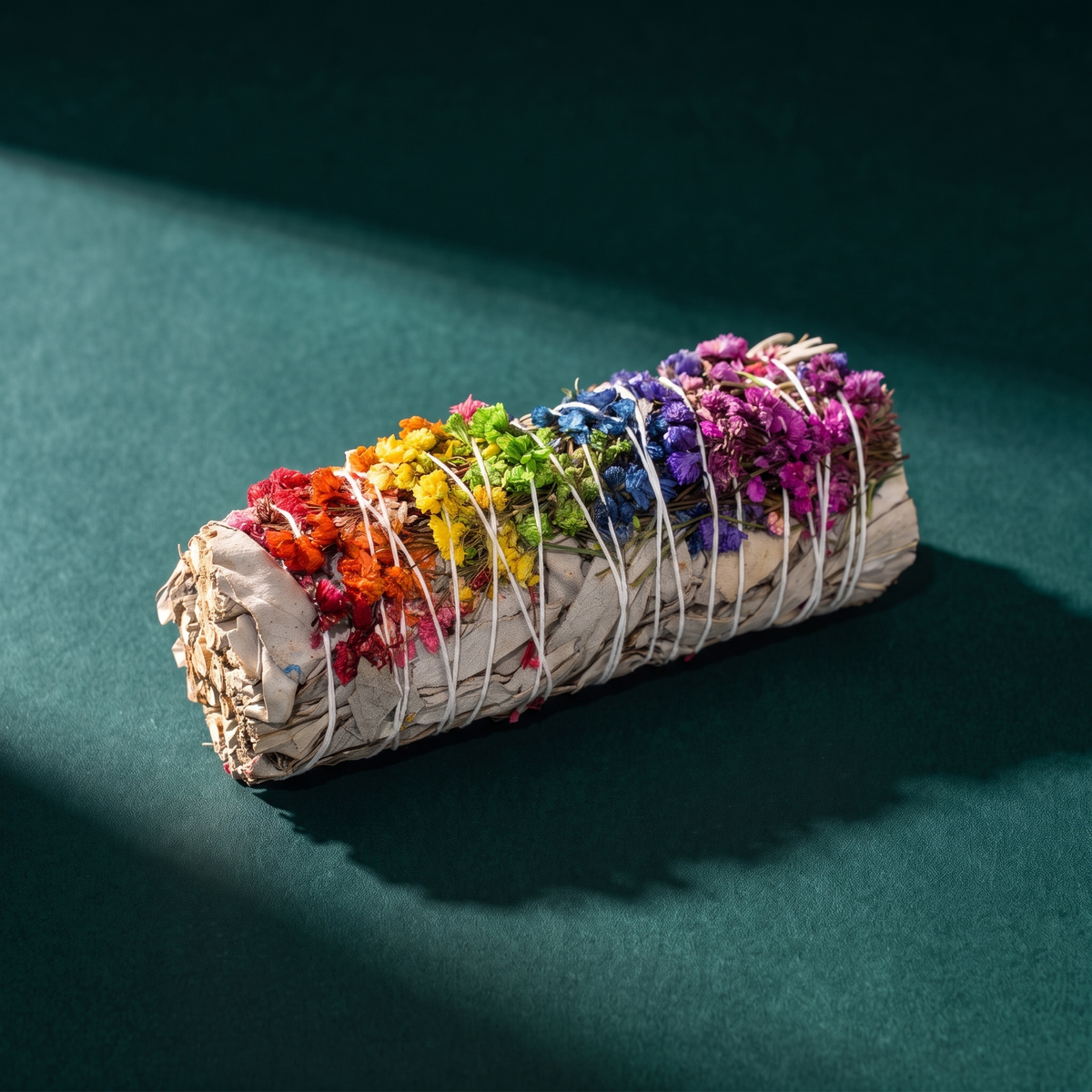 The bundle on dark green in raking light, the rainbow band of blossoms running the length of the white binding thread.