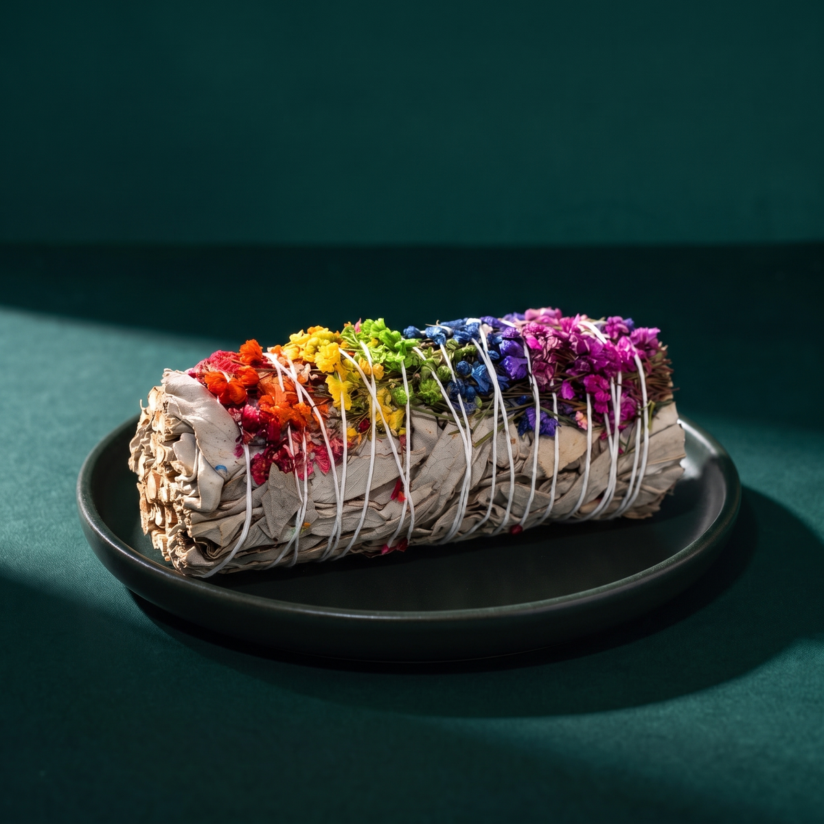 A single sage bundle on a black plate against dark green, a row of dyed baby's breath running along it in red, orange, yellow, green, blue and purple.