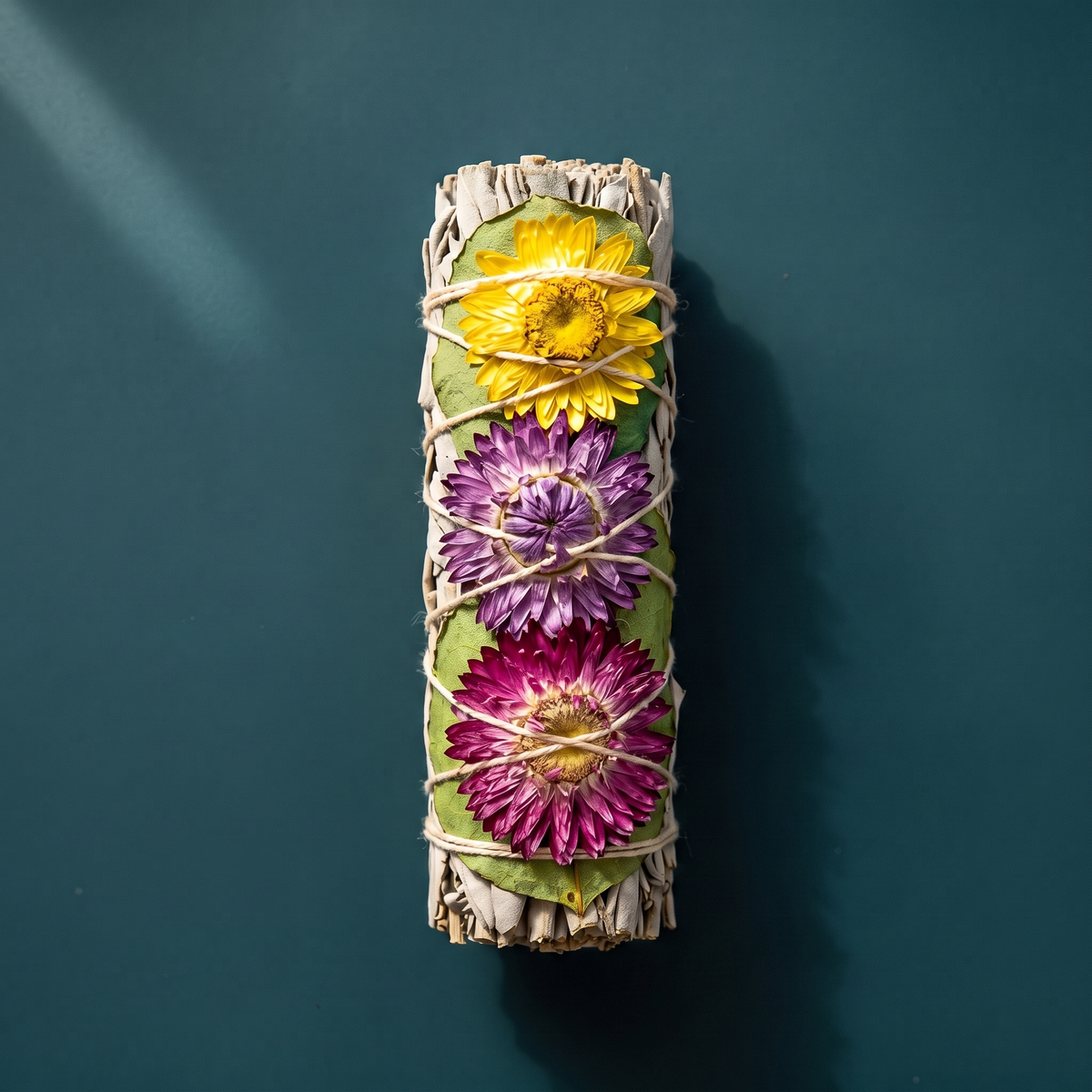 Green Rose Petal & Three-Flower White Sage Smudge Stick — Harmony (4 in.) – botanical detail